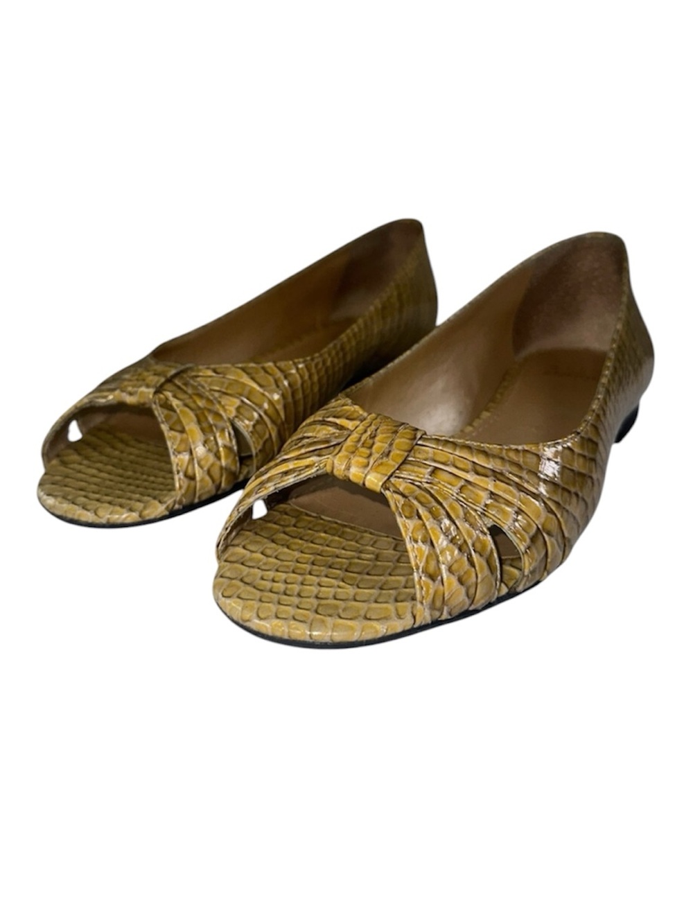 Alex Marie Dali Gold Ivory Croc Embossed Peep Toe Flat Textured Neutral Size 7.5